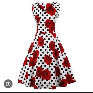 Grace Karin Red Rose Polka Dot Midi Dress